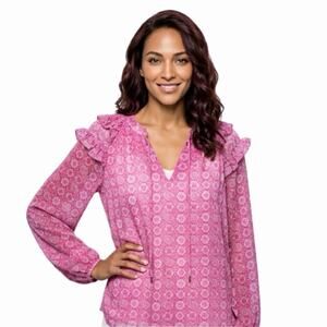 Skies Are Blue Women's Peasant Top S Pink Geometric Pattern Ruffle Long Sleeve